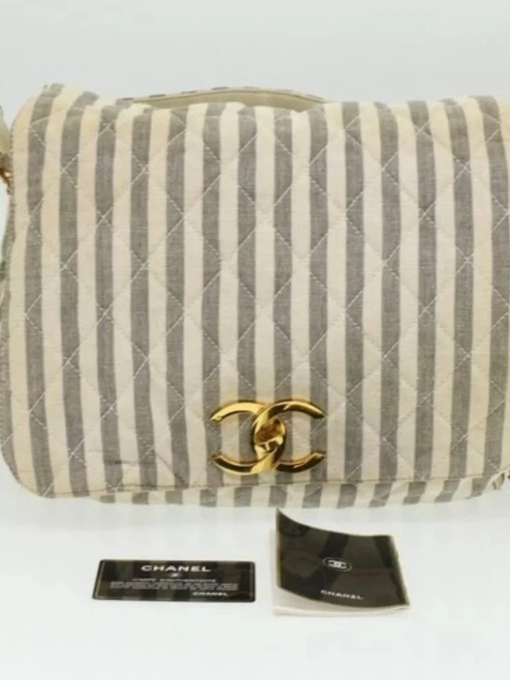 CHANEL Striped Matelasse Chain Shoulder Bag Canvas White Gray CC Auth bs3642 - Picture 12 of 16